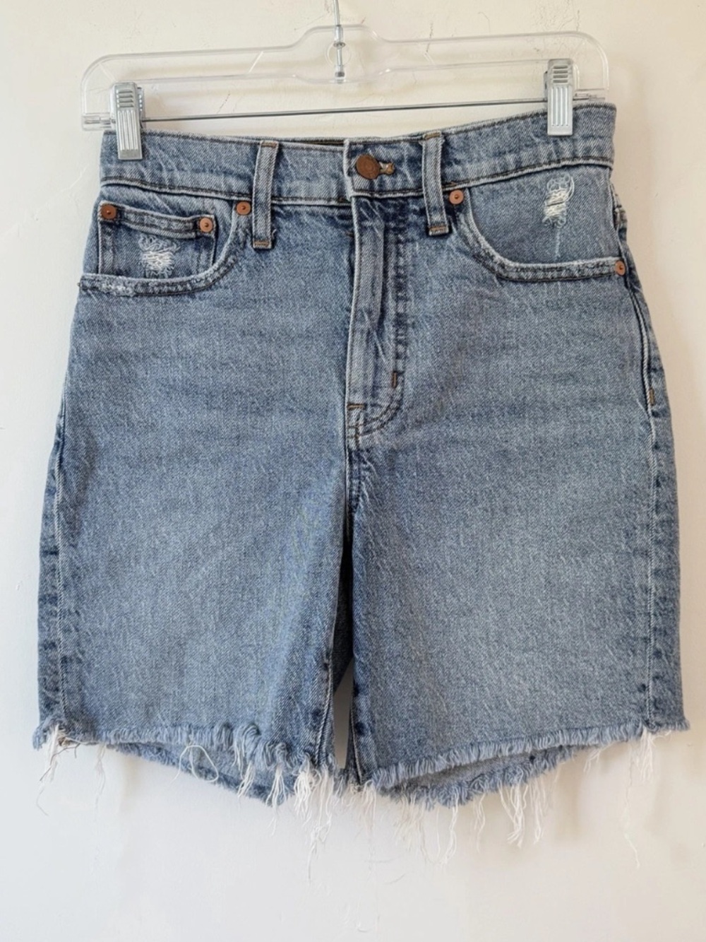 Madewell Mom Shorts High Rise Denim Cutoff Blue Frayed Hem Mid Length Size 25